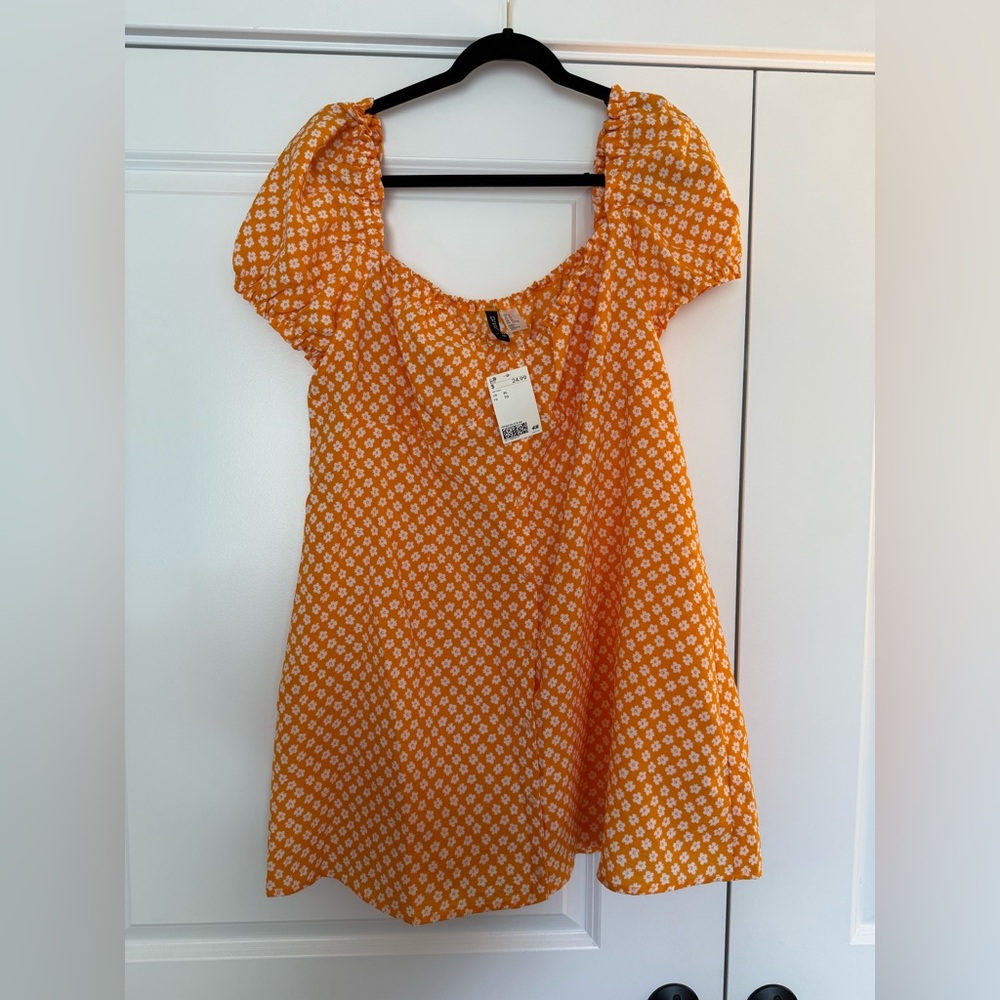 H&M Vibrant Orange Dress with White Floral Design
